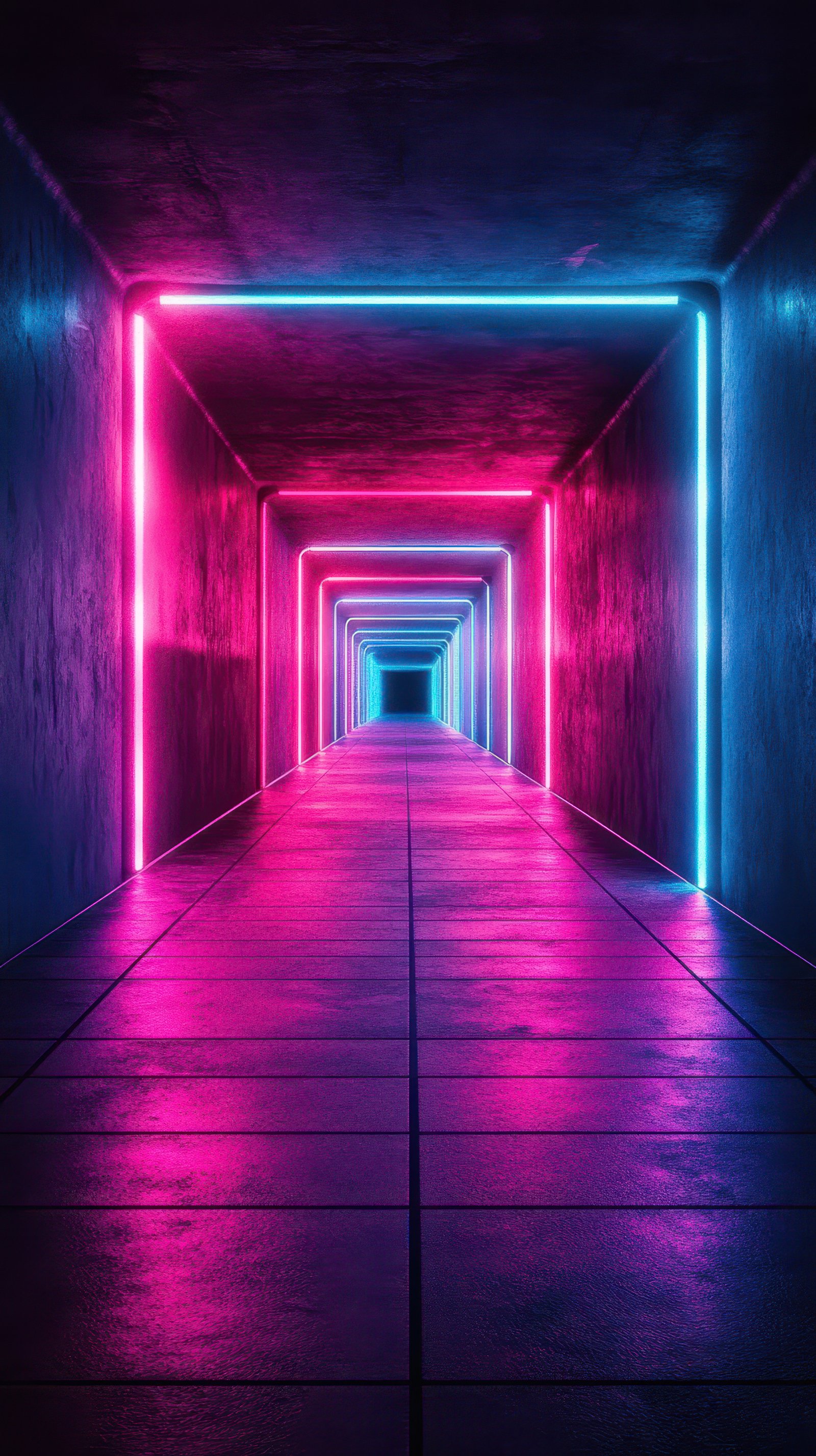 Vibrant neon tunnel illuminated by blue and pink lights in a modern architectural space